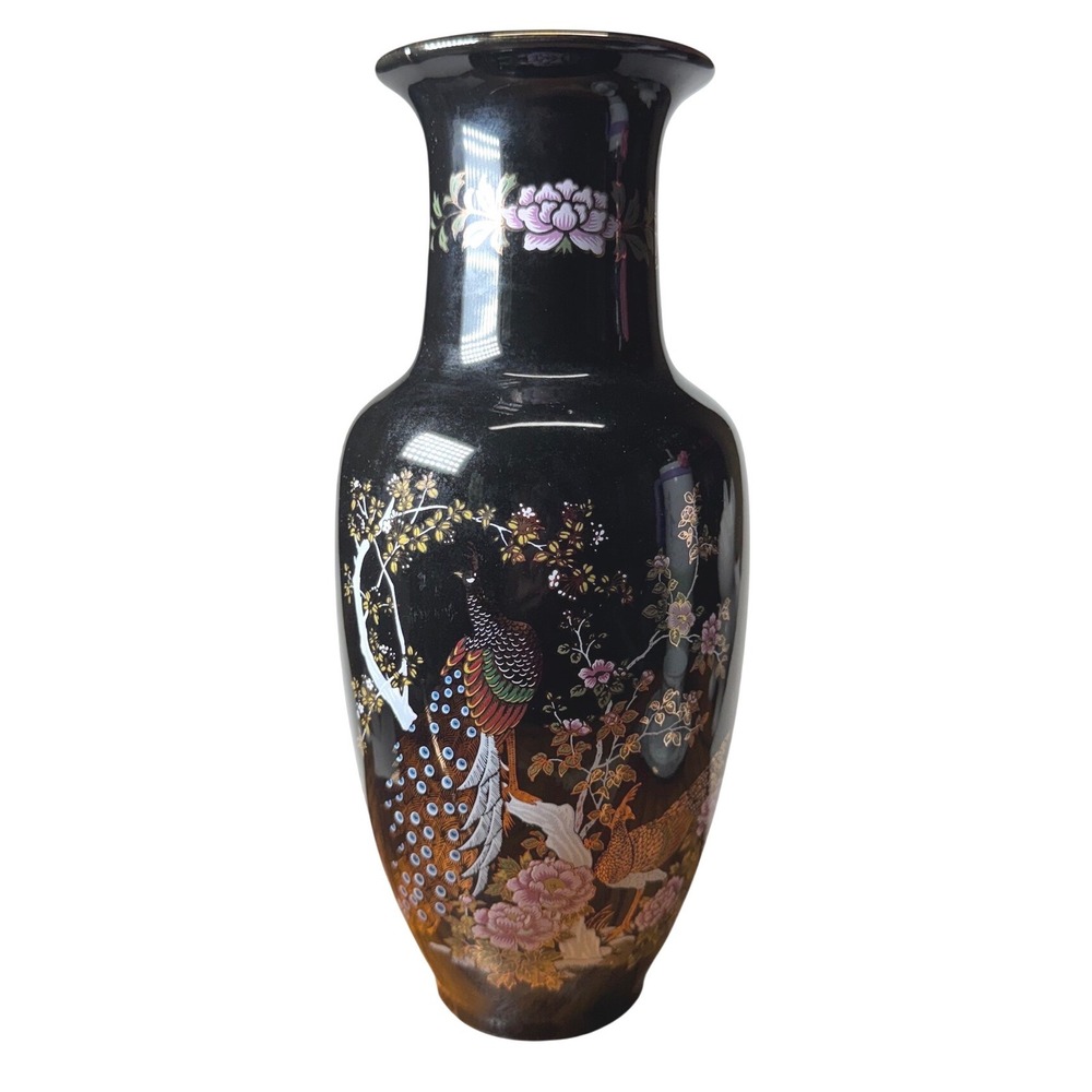 Vintage Japanese Black Porcelain Peacock Vase Ginger Jar Tea Cup Set 7pc Japan - Picture 6 of 15